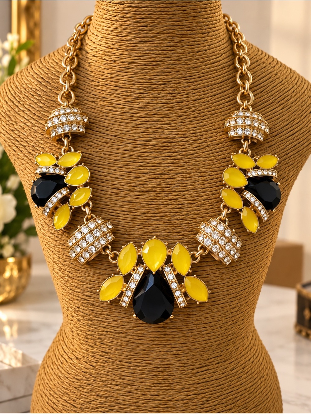 Statement Yellow and Black Crystal Bib Necklace